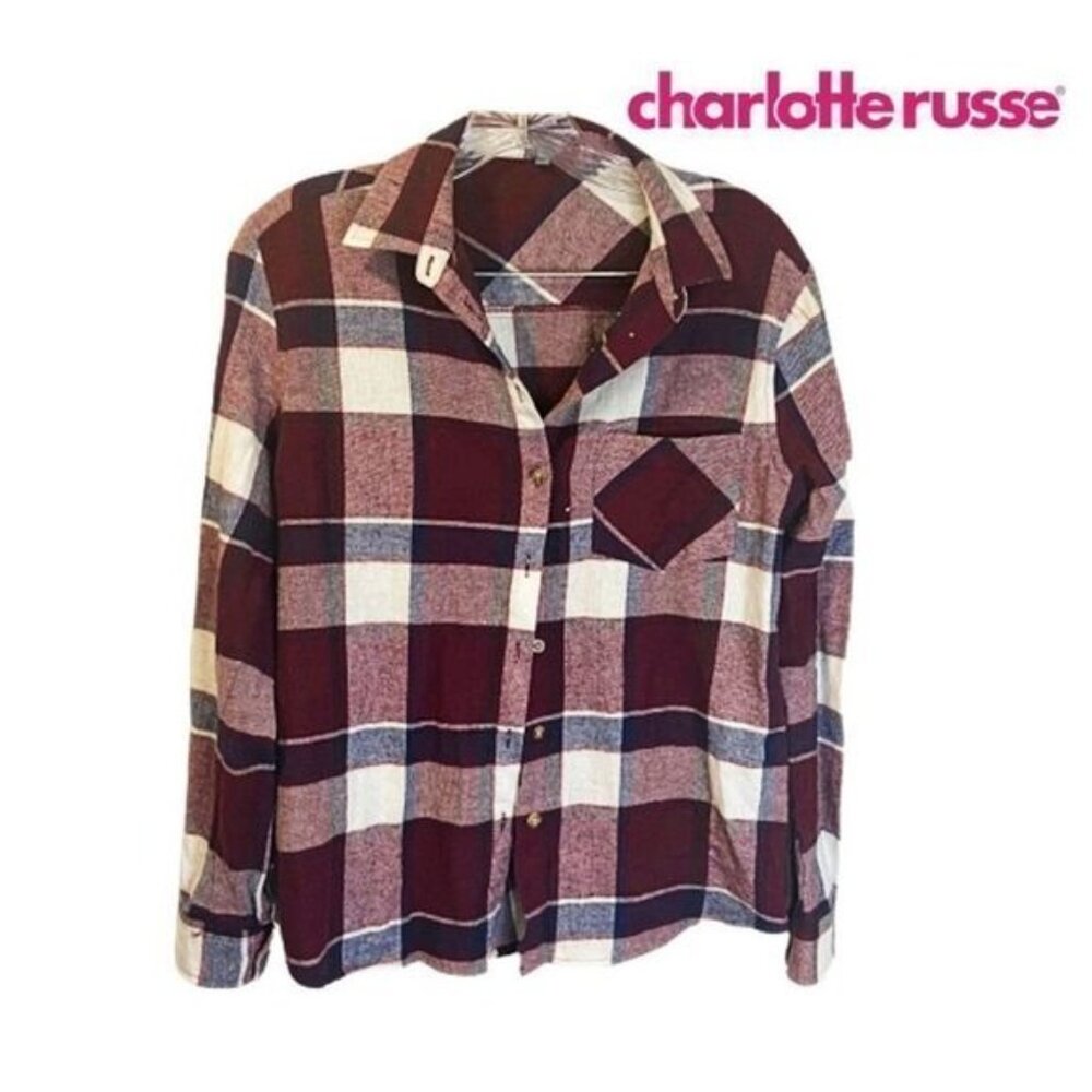 Charlotte Russe Women's Plaid Flannel Button-Up Long Sleeve Shirt‎